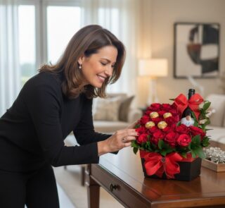 Mujer elegante admirando la Caja Floral ENRICO con rosas rojas, vino y chocolates en un hogar de lujo. Regalo perfecto.