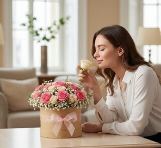 Mujer joven admirando y oliendo una rosa blanca de una Caja Floral GIADA con rosas rosadas y blancas, en un entorno de hogar