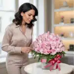 Mujer admirando la Caja Floral NADIA con 72 rosas rosadas, un arreglo elegante para ecommerce de floristería.