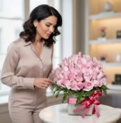 Mujer admirando la Caja Floral NADIA con 72 rosas rosadas, un arreglo elegante para ecommerce de floristería.