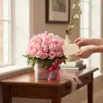 Manos delicadas colocando una tarjeta en una Caja Floral NADIA con 72 rosas rosadas, sobre una mesa de madera elegante en un