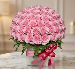 Caja floral Nadia con 72 rosas rosadas frescas y abiertas, dispuestas elegantemente en un arreglo grande y exuberante, con fo
