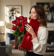 Mujer joven sonriente y elegante sosteniendo una caja de rosas rojas de exportación en un hogar de lujo con luz natural.