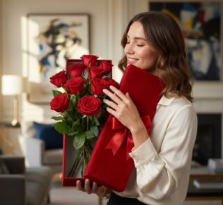 Mujer joven sonriente y elegante sosteniendo una caja de rosas rojas de exportación en un hogar de lujo con luz natural.