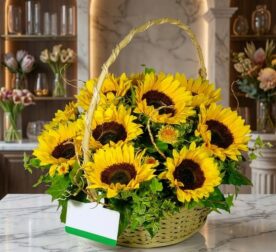 Canasta floral de mimbre con 12 girasoles grandes y vibrantes, follaje verde exuberante, sobre una superficie de mármol pulid