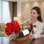 Mujer joven sonriendo y admirando una canasta de regalo con gerberas rojas, vino y chocolates Ferrero Rocher, en un hogar de