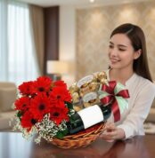 Mujer joven sonriendo y admirando una canasta de regalo con gerberas rojas, vino y chocolates Ferrero Rocher, en un hogar de