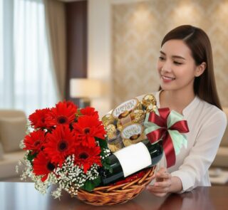 Mujer joven sonriendo y admirando una canasta de regalo con gerberas rojas, vino y chocolates Ferrero Rocher, en un hogar de