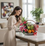 Mujer elegante admirando una Canasta Frutal CARMINE con lirios rosas, gerberas y frutas frescas en un lujoso hogar.