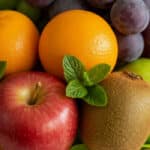 Primer plano macro de la Canasta de Frutas Draco, mostrando manzanas rojas, naranjas, kiwis, uvas y hojas de menta con gotas