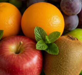 Primer plano macro de la Canasta de Frutas Draco, mostrando manzanas rojas, naranjas, kiwis, uvas y hojas de menta con gotas