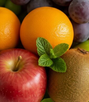 Primer plano macro de la Canasta de Frutas Draco, mostrando manzanas rojas, naranjas, kiwis, uvas y hojas de menta con gotas