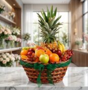 Canasta de mimbre con piña, manzanas, naranjas, uvas, peras y plátanos, sobre una superficie de mármol en una floristería pre