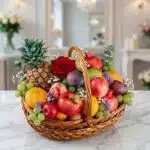 Canasta de Frutas Musca con piña, manzanas, uvas, granadas, ciruelas y una rosa roja, sobre mármol blanco en un entorno de fl