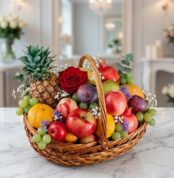 Canasta de Frutas Musca con piña, manzanas, uvas, granadas, ciruelas y una rosa roja, sobre mármol blanco en un entorno de fl