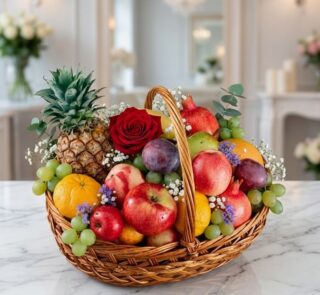 Canasta de Frutas Musca con piña, manzanas, uvas, granadas, ciruelas y una rosa roja, sobre mármol blanco en un entorno de fl