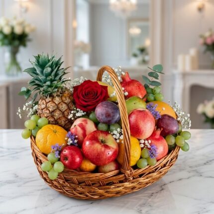 Canasta de Frutas Musca con piña, manzanas, uvas, granadas, ciruelas y una rosa roja, sobre mármol blanco en un entorno de fl