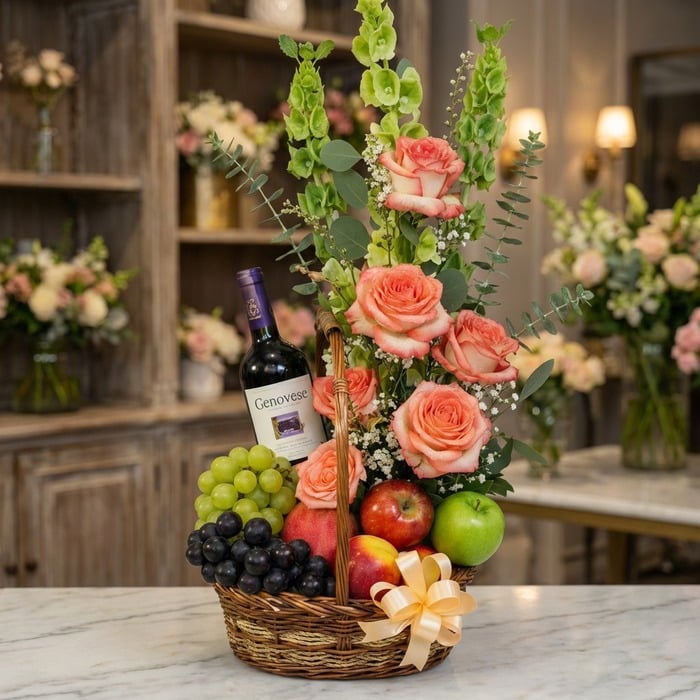Canasta gourmet CAPRICE con rosas frescas color salmón, uvas verdes y moradas, manzanas rojas y verdes, duraznos y una botell
