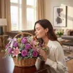 Mujer joven y elegante oliendo una cesta de flores AZURE con rosas moradas y lirios rosados en un salón de diseño moderno.
