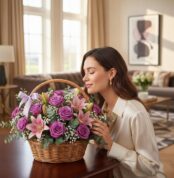 Mujer joven y elegante oliendo una cesta de flores AZURE con rosas moradas y lirios rosados en un salón de diseño moderno.