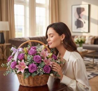 Mujer joven y elegante oliendo una cesta de flores AZURE con rosas moradas y lirios rosados en un salón de diseño moderno.