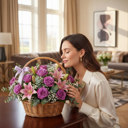 Mujer joven y elegante oliendo una cesta de flores AZURE con rosas moradas y lirios rosados en un salón de diseño moderno.