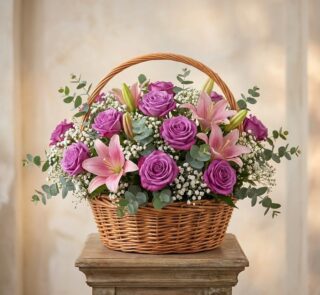Cesta de flores AZURE con rosas moradas, lirios rosas, paniculata y eucalipto, ideal para regalar en cualquier ocasión especi