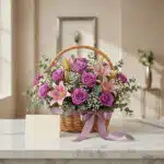 Cesta de flores AZURE con rosas moradas, lirios rosas y follaje verde, sobre una mesa de mármol con una tarjeta de regalo y c