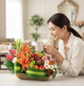 Mujer sonriente admirando y tocando delicadamente una flor blanca de la Cesta Frutal THALIA con Lirios y Anturios en un hogar
