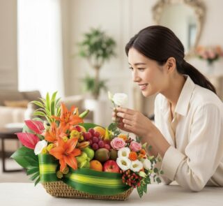 Mujer sonriente admirando y tocando delicadamente una flor blanca de la Cesta Frutal THALIA con Lirios y Anturios en un hogar