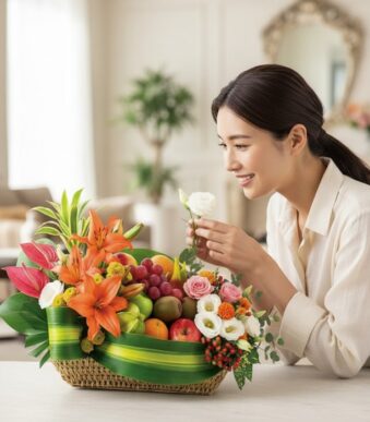 Mujer sonriente admirando y tocando delicadamente una flor blanca de la Cesta Frutal THALIA con Lirios y Anturios en un hogar