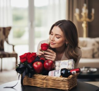 Mujer elegante admirando una rosa roja de la CestaANGELO, que incluye rosas, manzanas, vino y chocolates Ferrero Rocher, en u