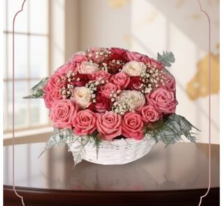 Cesta de Rosas Felicia con 21 flores bicolor, rosas rosadas y rojas, sobre una mesa de madera oscura con fondo elegante y luz