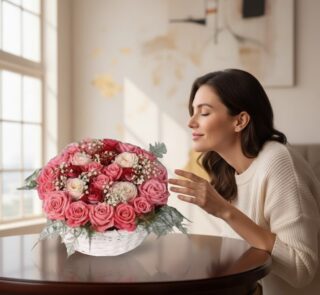 Mujer elegante admirando y oliendo una Cesta de Rosas Felicia con 21 flores bicolor (rosas y blancas) en un entorno de hogar