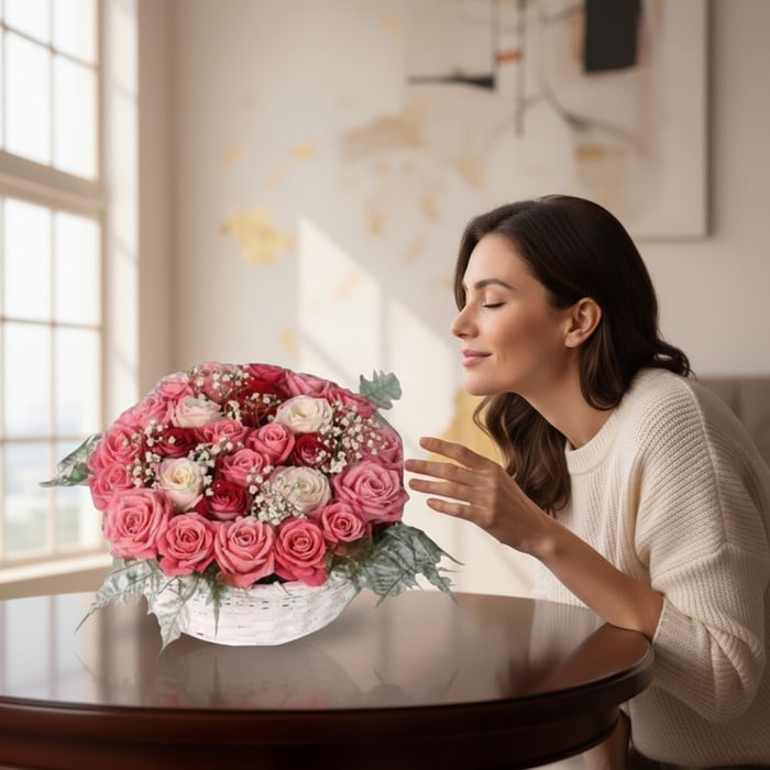 Mujer elegante admirando y oliendo una Cesta de Rosas Felicia con 21 flores bicolor (rosas y blancas) en un entorno de hogar