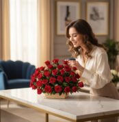 Mujer joven sonriente admirando y tocando delicadamente una cesta de 40 rosas rojas frescas en un lujoso salón con luz natura