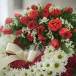 Fotografía macro premium de la Corona Fúnebre Adiós Sincero, mostrando rosas rojas, margaritas blancas y follaje verde con ro