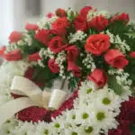 Fotografía macro premium de la Corona Fúnebre Adiós Sincero, mostrando rosas rojas, margaritas blancas y follaje verde con ro