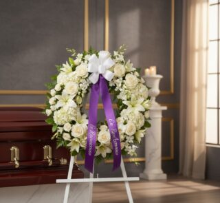 Corona fúnebre Almudena con flores blancas, cinta morada 'En Recuerdo Amoroso', junto a un ataúd en sala de velación premium.