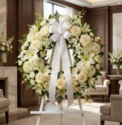 Corona fúnebre Almudena con rosas blancas, lirios y hortensias, lazo de satén, en sala de velación premium con luz natural su