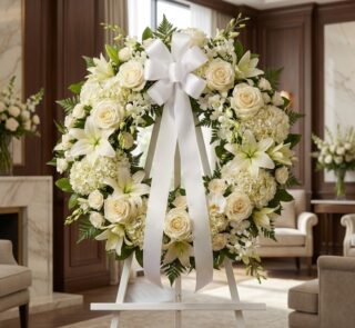 Corona fúnebre Almudena con rosas blancas, lirios y hortensias, lazo de satén, en sala de velación premium con luz natural su