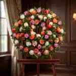 Corona fúnebre Atalia con rosas blancas, naranjas y moradas, bayas rojas, sobre caballete de madera en sala de velación premi