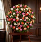 Corona fúnebre Atalia con rosas blancas, naranjas y moradas, bayas rojas, sobre caballete de madera en sala de velación premi