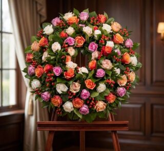 Corona fúnebre Atalia con rosas blancas, naranjas y moradas, bayas rojas, sobre caballete de madera en sala de velación premi