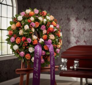 Corona fúnebre Atalia con rosas blancas, naranjas y rosadas, con cinta morada 'En Memoria Eterna' junto a un ataúd en sala de