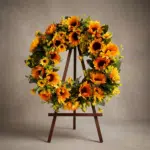 Corona fúnebre de girasoles vibrantes y follaje verde, presentada en un elegante caballete de madera oscura sobre un fondo ne