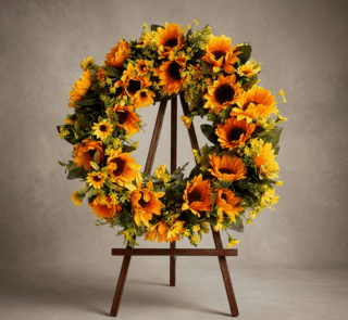 Corona fúnebre de girasoles vibrantes y follaje verde, presentada en un elegante caballete de madera oscura sobre un fondo ne