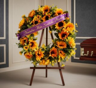 Corona fúnebre de girasoles vibrantes con cinta morada que dice 'Nuestro Más Sentido Pésame', exhibida en una sala de velació
