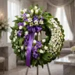 Corona fúnebre 'Homenaje a Daniel' con flores blancas y moradas, cinta de raso morada, sobre un caballete en una sala de vela