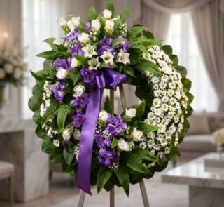 Corona fúnebre 'Homenaje a Daniel' con flores blancas y moradas, cinta de raso morada, sobre un caballete en una sala de vela